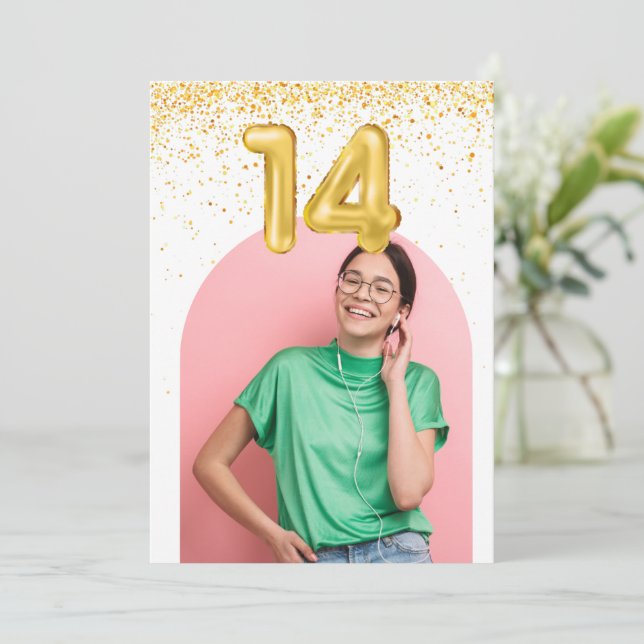 14th Birthday Confetti Photo Birthday Party  Invitation (Standing Front)