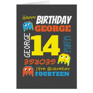 14th birthday custom name yellow blue pixel gamer cards