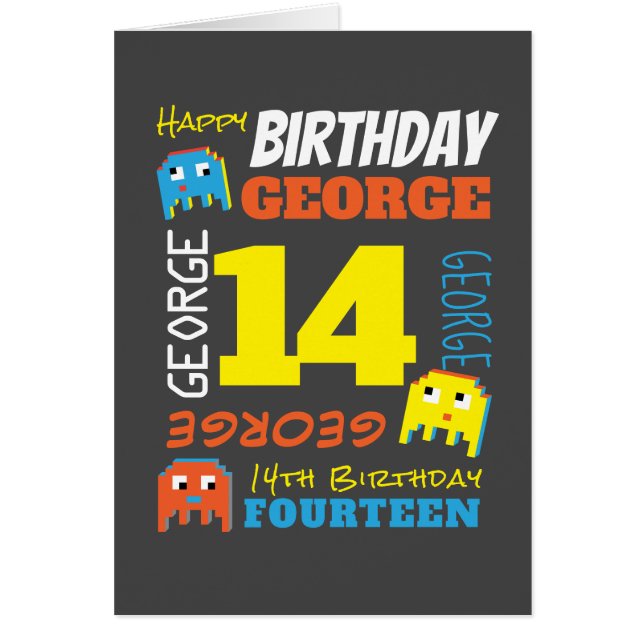 14th birthday custom name yellow blue pixel gamer cards (Front)