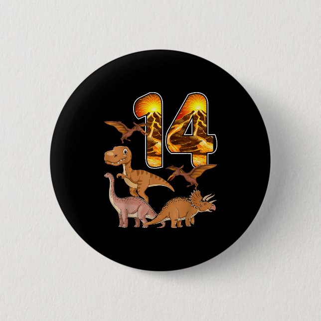 14th Birthday Dinosaur T-rex 14 Years Old Birthday Button (Front)