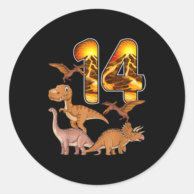 14th Birthday Dinosaur T-rex 14 Years Old Birthday Classic Round Sticker (Front)