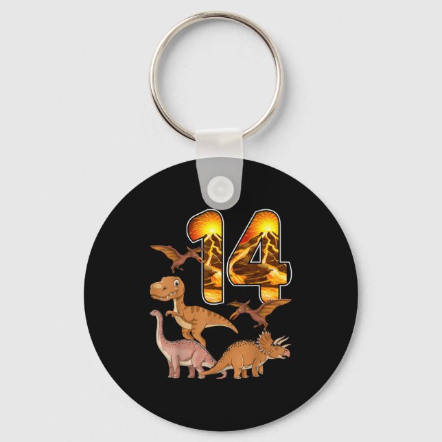 14th Birthday Dinosaur T-rex 14 Years Old Birthday Keychain (Front)