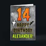 14th Birthday: Eerie Halloween Theme   Custom Name Card<br><div class="desc">The front of this scary and spooky Halloween themed birthday greeting card design features a large number “14” and the message “HAPPY BIRTHDAY, ”, plus a custom name. There are also depictions of a bat and a ghost on the front. The inside features a customized birthday greeting message, or could...</div>