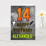 14th Birthday: Eerie Halloween Theme   Custom Name Card<br><div class="desc">The front of this scary and spooky Halloween themed birthday greeting card design features a large number “14” and the message “HAPPY BIRTHDAY, ”, plus a custom name. There are also depictions of a bat and a ghost on the front. The inside features a customized birthday greeting message, or could...</div>