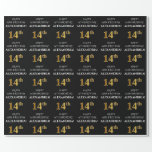 [ Thumbnail: 14th Birthday: Elegant, Black, Faux Gold Look Wrapping Paper ]