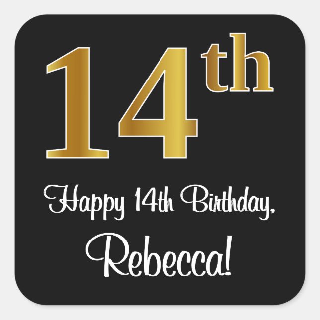 14th Birthday – Elegant Luxurious Faux Gold Look # Square Sticker (Front)