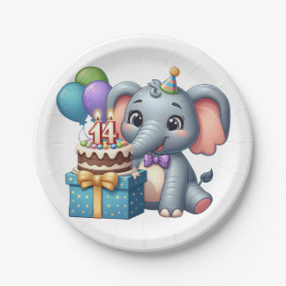 14th Birthday Elephant Paper Plates