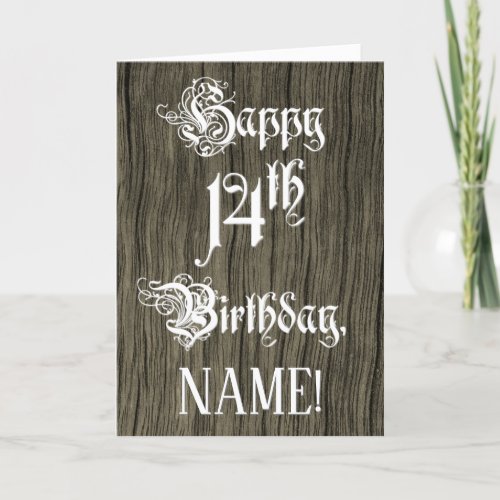 14th Birthday Fancy Elegant Text Faux Wood Look Card