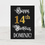 [ Thumbnail: 14th Birthday — Fancy Script; Faux Gold Look; Name Card ]