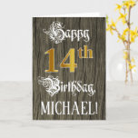 [ Thumbnail: 14th Birthday: Faux Gold Look + Faux Wood Pattern Card ]