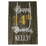 [ Thumbnail: 14th Birthday: Faux Gold Look & Faux Wood Pattern Gift Bag ]