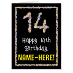[ Thumbnail: 14th Birthday: Floral Flowers Number “14” + Name Card ]