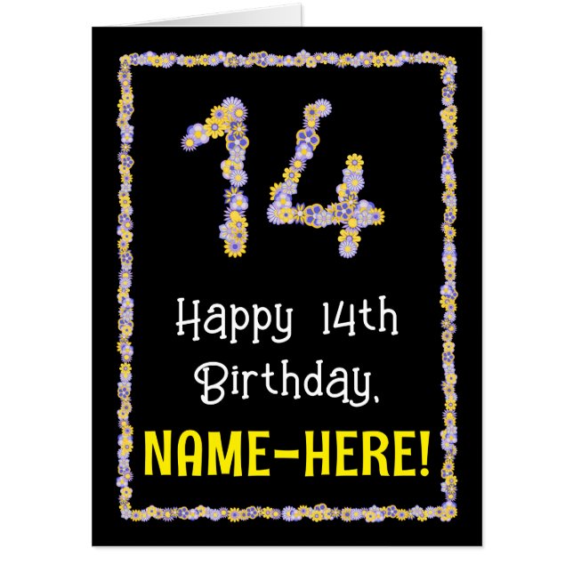 14th Birthday: Floral Flowers Number “14” + Name Card (Front)