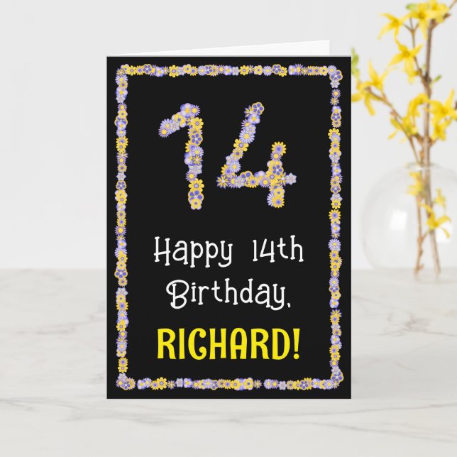 14th Birthday: Floral Flowers Number, Custom Name Card (Yellow Flower)