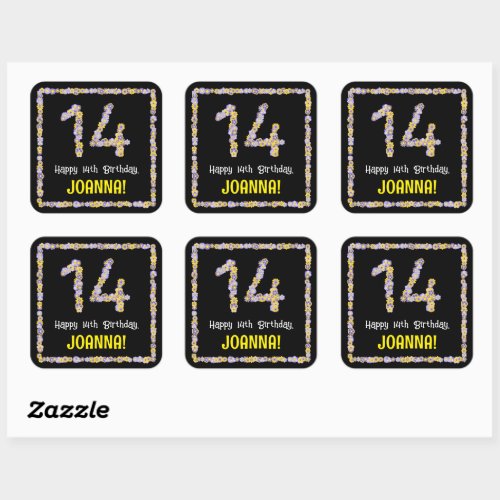 14th Birthday Floral Flowers Number Custom Name Square Sticker