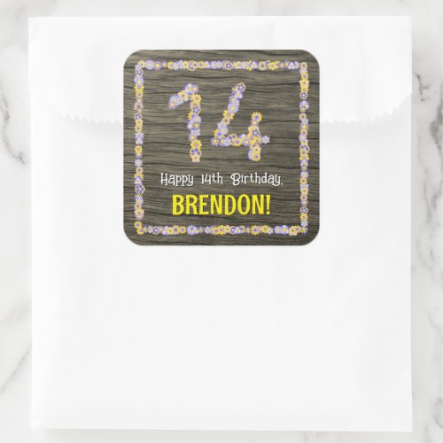 14th Birthday Floral Number Faux Wood Look Name Square Sticker