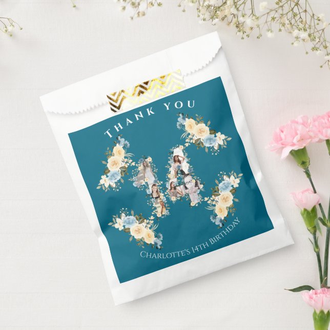 14th Birthday Flower Teal Photo Collage Yellow Favor Bag (Sealed)