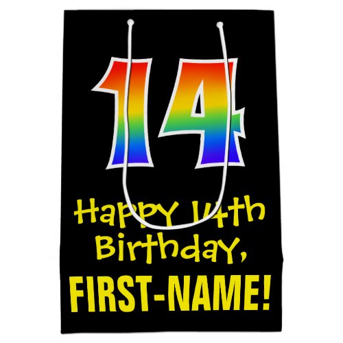 14th Birthday Fun Bold Colorful Rainbow 14 Medium Gift Bag