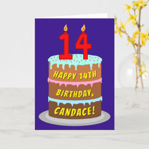 14th Birthday: Fun Cake and Candles + Custom Name Card