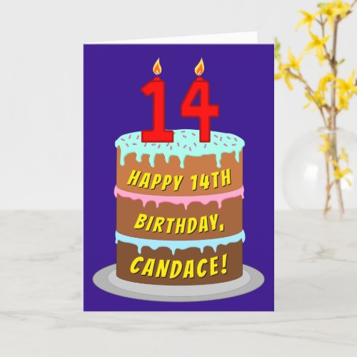 14th Birthday Fun Cake and Candles  Custom Name Card