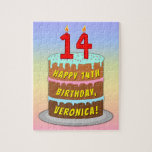 [ Thumbnail: 14th Birthday: Fun Cake and Candles + Custom Name Jigsaw Puzzle ]