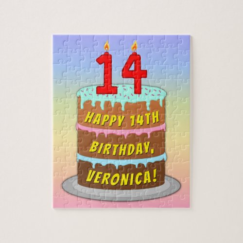 14th Birthday Fun Cake and Candles  Custom Name Jigsaw Puzzle