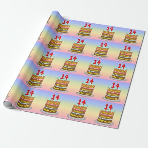 14th Birthday Fun Cake and Candles  Custom Name Wrapping Paper