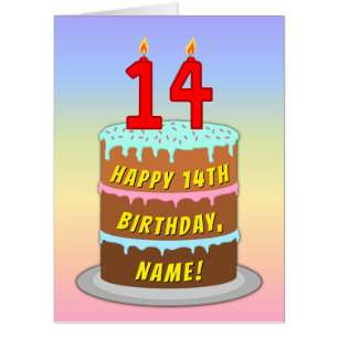 14th Birthday: Fun Cake & Candles, w/ Custom Name Card