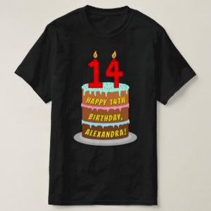14th Birthday — Fun Cake & Candles, w/ Custom Name T-Shirt
