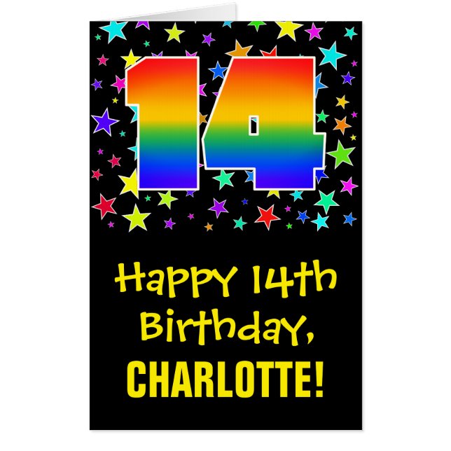 14th Birthday: Fun, Colorful Stars + Rainbow # 14 Card (Front)