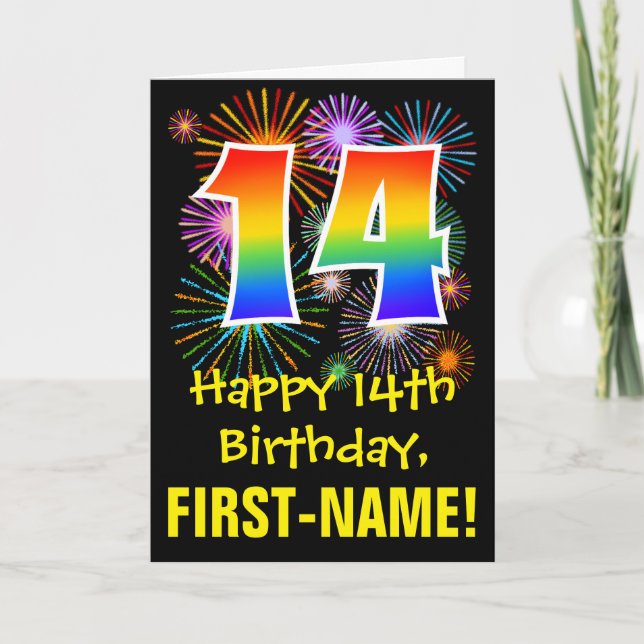 14th Birthday: Fun Fireworks Pattern + Rainbow 14 Card (Front)