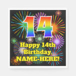 [ Thumbnail: 14th Birthday: Fun Fireworks Pattern + Rainbow 14 Napkins ]