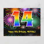 [ Thumbnail: 14th Birthday – Fun Fireworks Pattern + Rainbow 14 Postcard ]