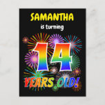 [ Thumbnail: 14th Birthday - Fun Fireworks, Rainbow Look "14" Postcard ]