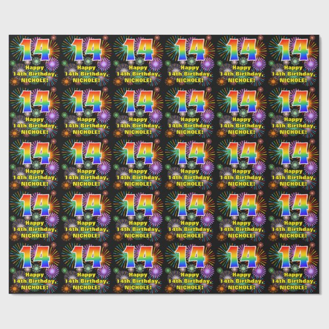 14th Birthday: Fun Fireworks, Rainbow Look # “14” Wrapping Paper (Flat)