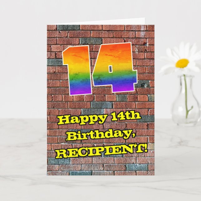 14th Birthday: Fun Graffiti-Inspired Rainbow 14 Card (Small Plant)