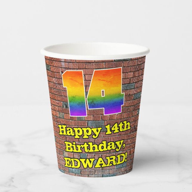 14th Birthday: Fun Graffiti-Inspired Rainbow 14 Paper Cups (Front)