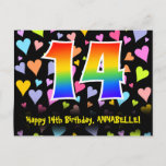 [ Thumbnail: 14th Birthday: Fun Hearts Pattern, Rainbow 14 Postcard ]