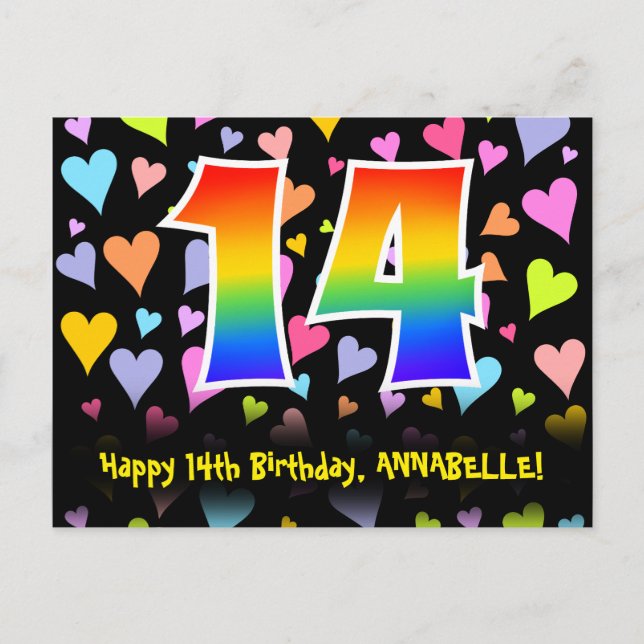 14th Birthday: Fun Hearts Pattern, Rainbow 14 Postcard (Front)