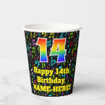 [ Thumbnail: 14th Birthday: Fun Music Notes Pattern, Rainbow 14 Paper Cups ]