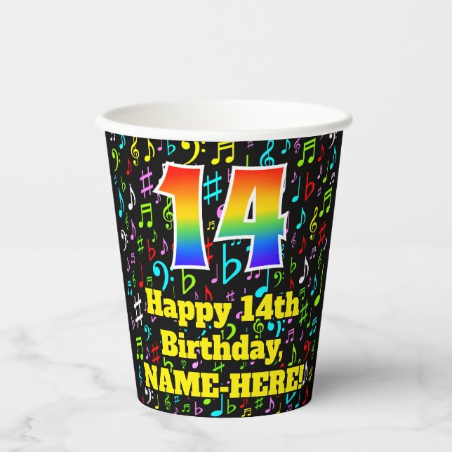 14th Birthday: Fun Music Notes Pattern, Rainbow 14 Paper Cups (Front)