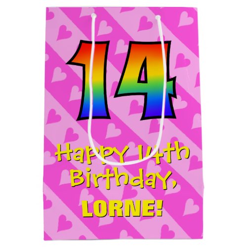 14th Birthday Fun Pink Hearts Stripes Rainbow 14 Medium Gift Bag