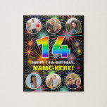 [ Thumbnail: 14th Birthday: Fun Rainbow #, Custom Name + Photos Jigsaw Puzzle ]