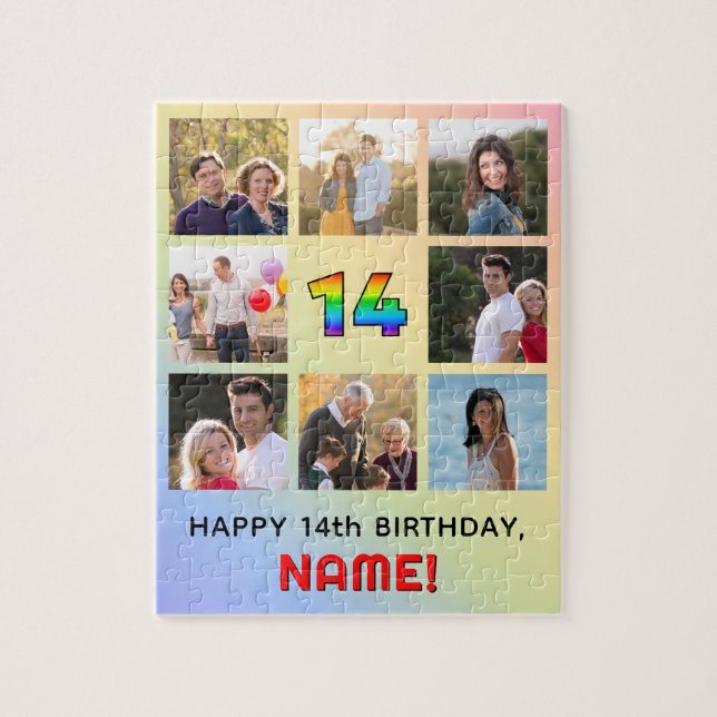 14th Birthday: Fun Rainbow #, Custom Name & Photos Jigsaw Puzzle (Vertical)