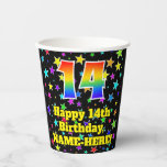 [ Thumbnail: 14th Birthday: Fun Stars Pattern and Rainbow 14 Paper Cups ]