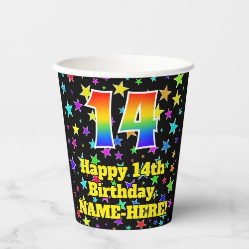 14th Birthday Fun Stars Pattern and Rainbow 14 Paper Cups