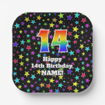 [ Thumbnail: 14th Birthday: Fun Stars Pattern and Rainbow “14” Paper Plates ]