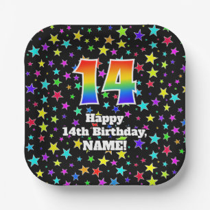 14th Birthday: Fun Stars Pattern and Rainbow “14” Paper Plates