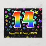 [ Thumbnail: 14th Birthday: Fun Stars Pattern, Rainbow 14, Name Postcard ]