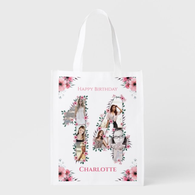 14th Birthday Girl Photo Collage Pink Flower White Grocery Bag (Front)